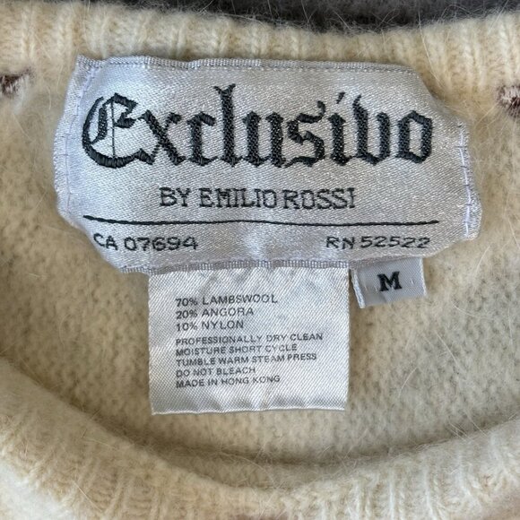 Vintage Emilio Rossi Lambswool Angora Sweater White Knitted Brown Leafs Sz M - Picture 9 of 13